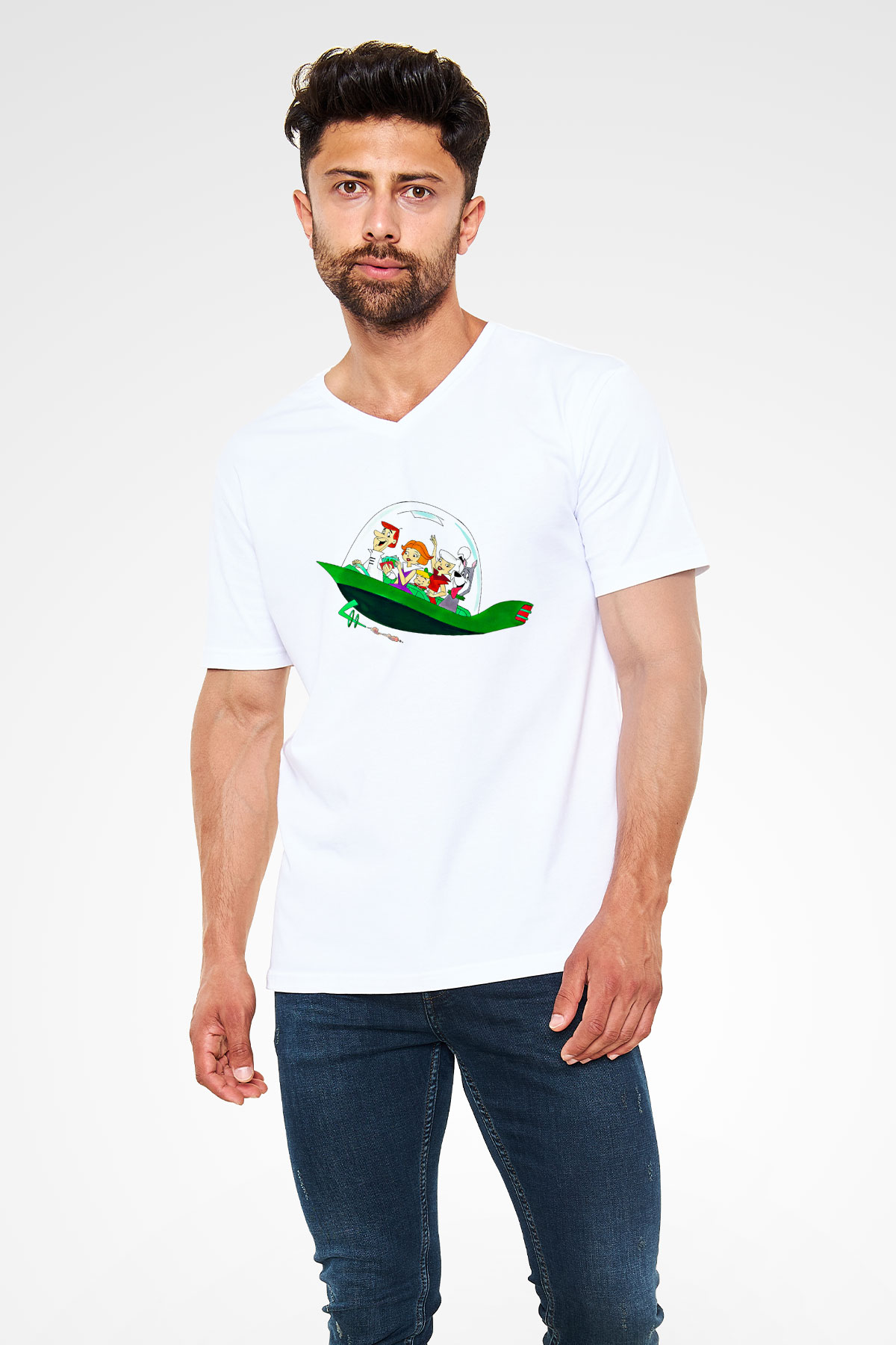 Animatör Beyaz Unisex V Yaka Tişört T-Shirt