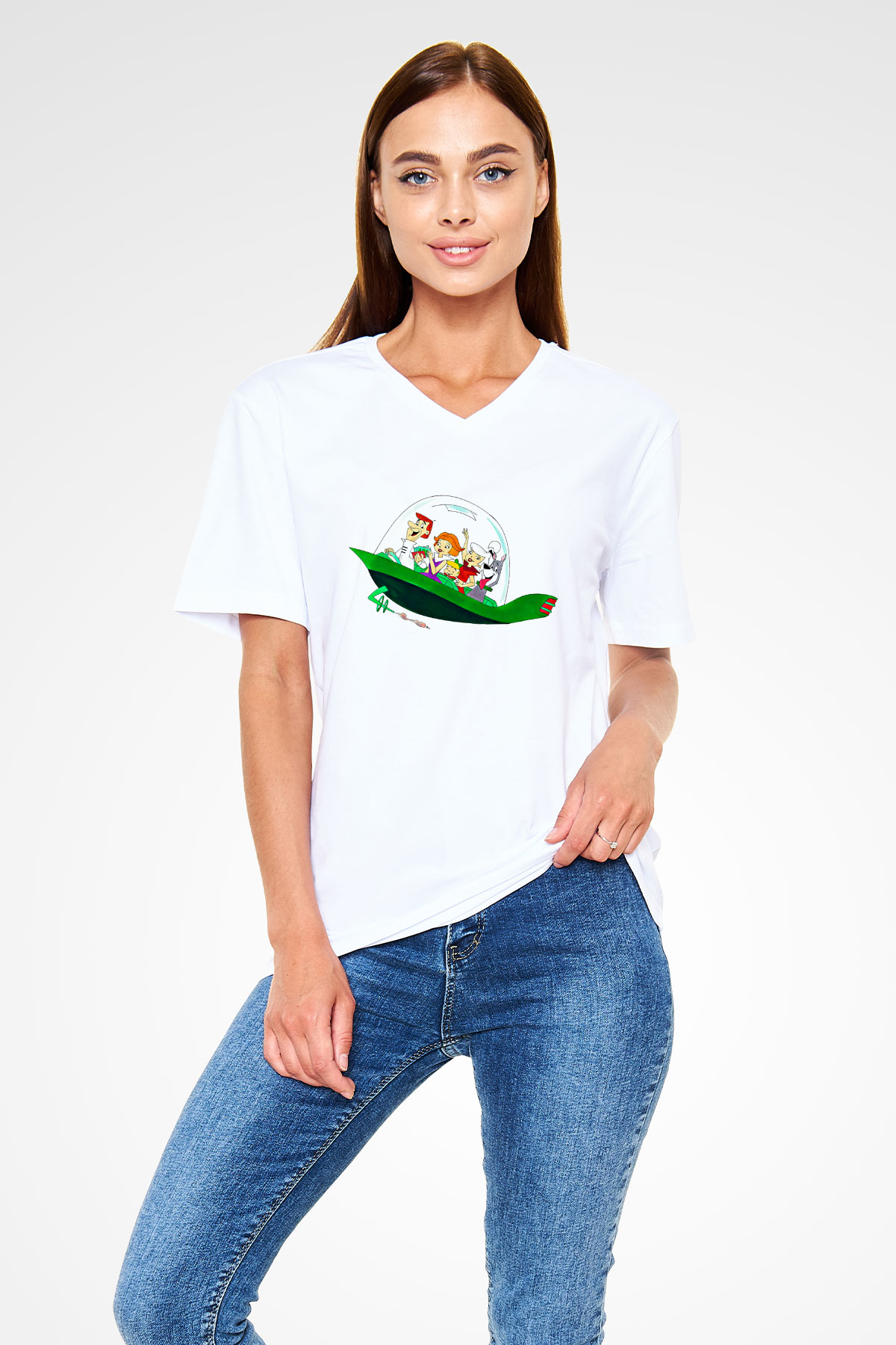 Animatör Beyaz Unisex V Yaka Tişört T-Shirt