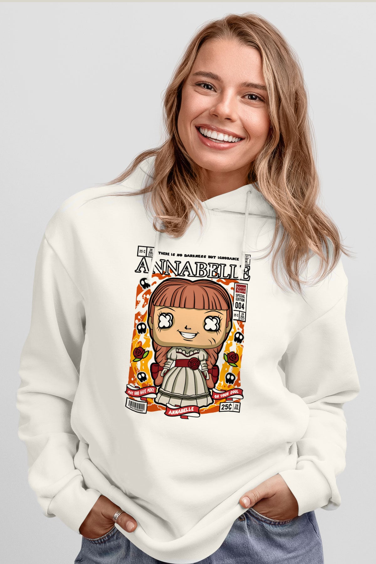 Annabelle Baskılı Unisex Beyaz Hoodie