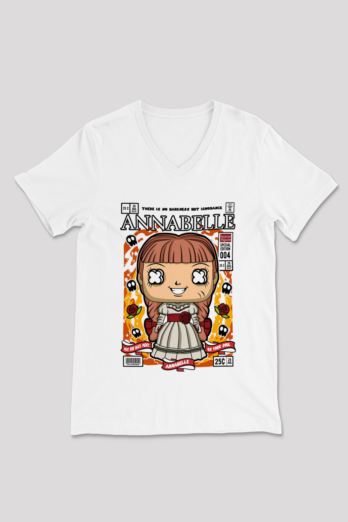 Annabelle Baskılı Unisex Beyaz V Yaka Tişört