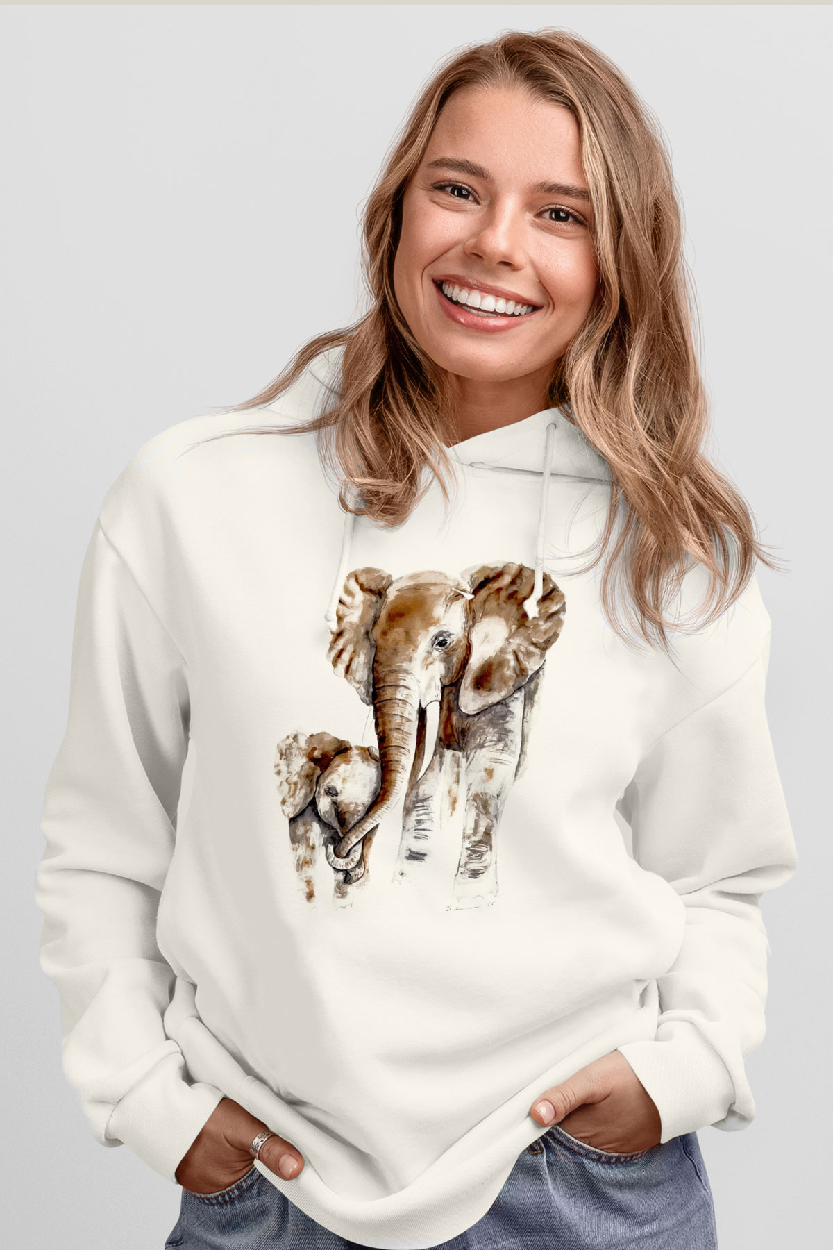 Anne Fil ve YavrusuBeyaz  Unisex Hoodie