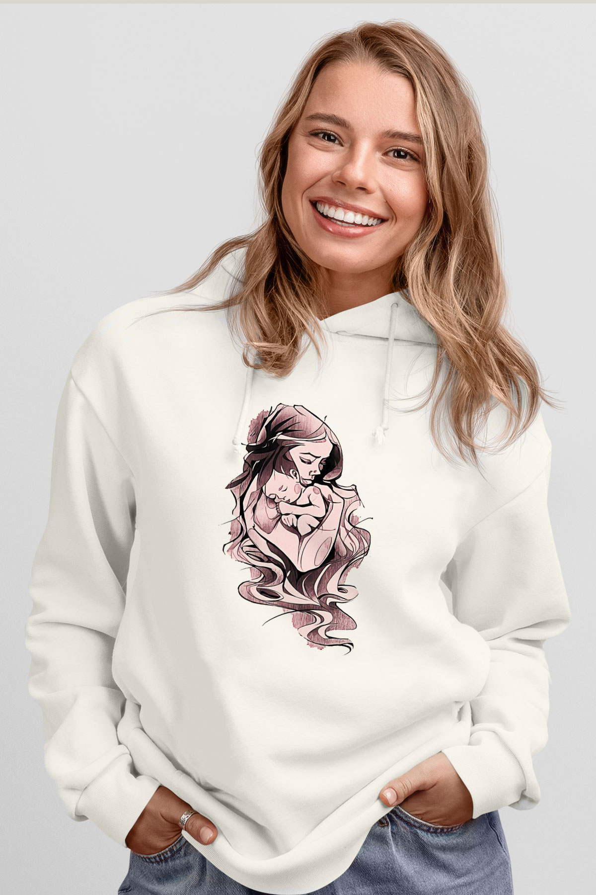 Anneler Günü Baskılı Beyaz Unisex Hoodie