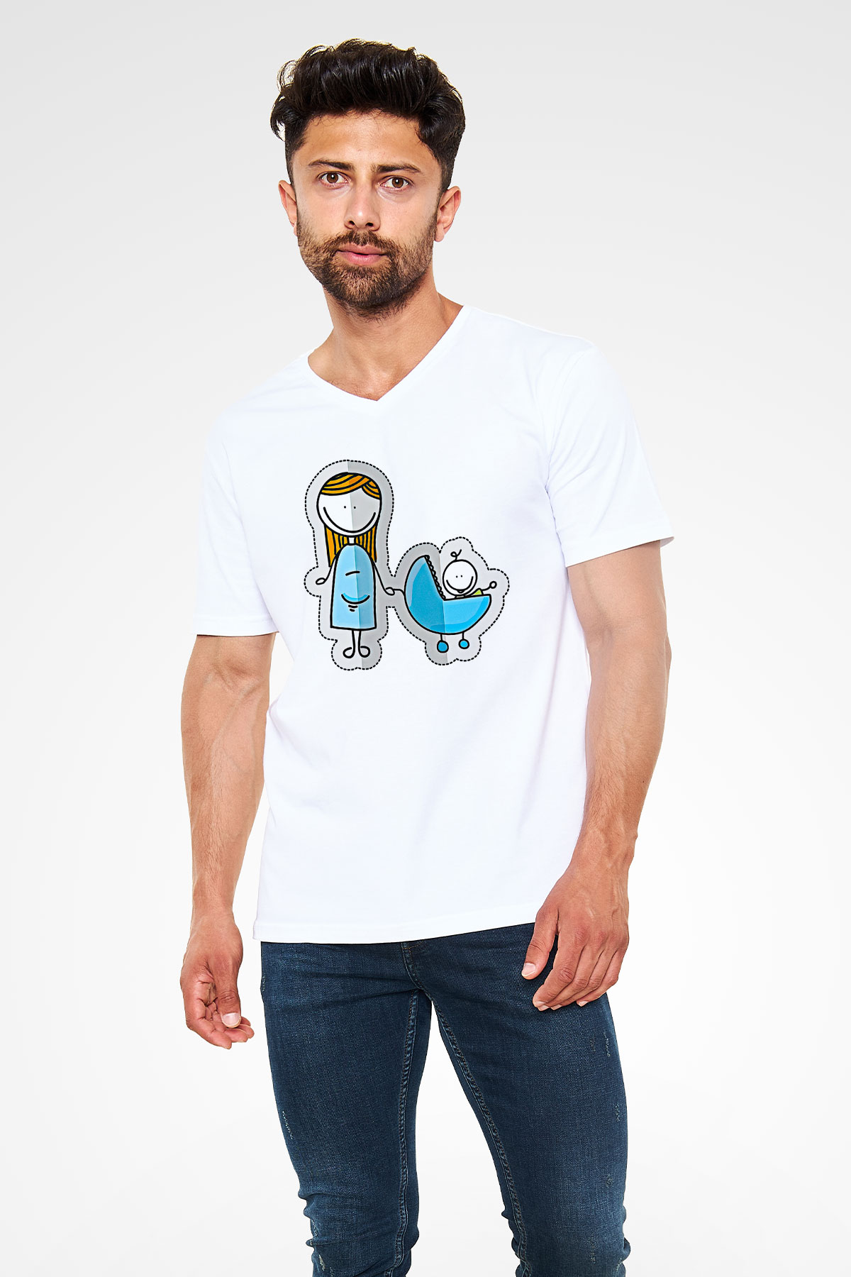 Anneler Günü Baskılı Beyaz Unisex V Yaka Tişört - Tshirt