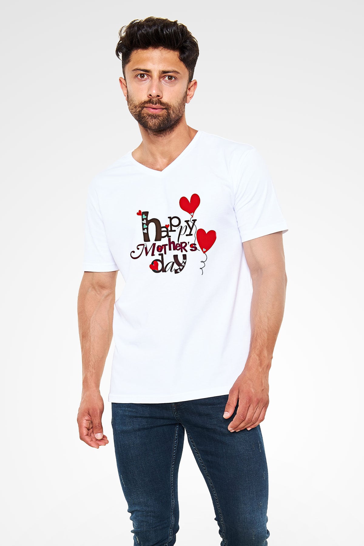 Anneler Günü Baskılı Beyaz Unisex V Yaka Tişört - Tshirt