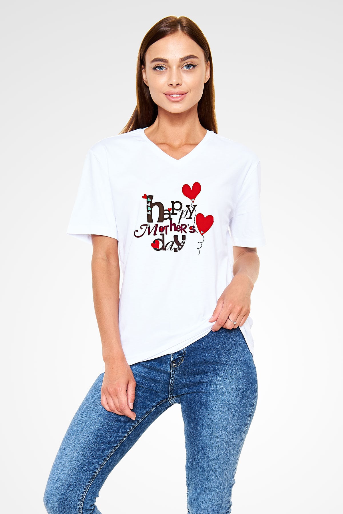 Anneler Günü Baskılı Beyaz Unisex V Yaka Tişört - Tshirt