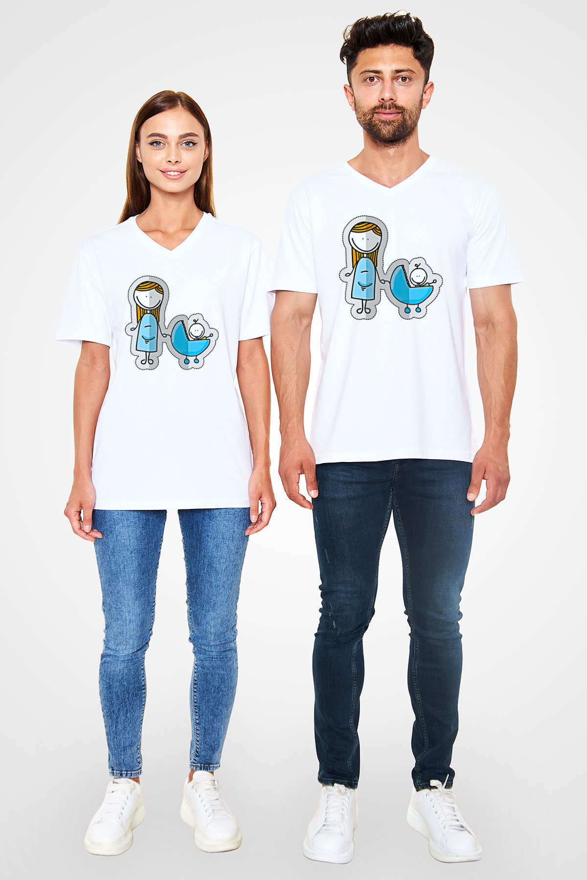 Anneler Günü Baskılı Beyaz Unisex V Yaka Tişört - Tshirt