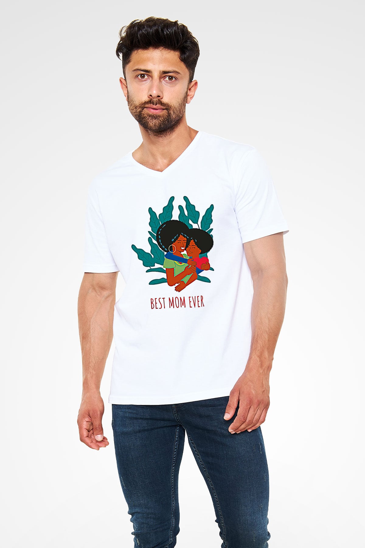 Anneler Günü Baskılı Beyaz Unisex V Yaka Tişört - Tshirt