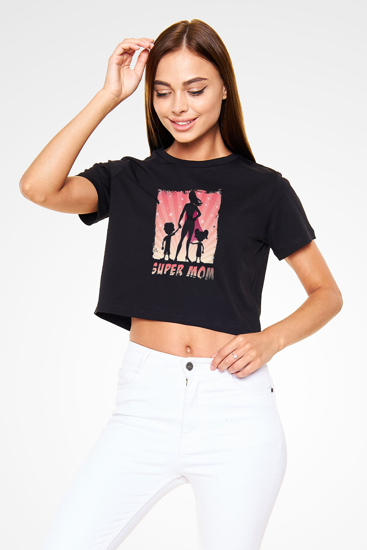 Anneler Günü Baskılı Siyah Crop Top Kadın Tişört - Tshirt