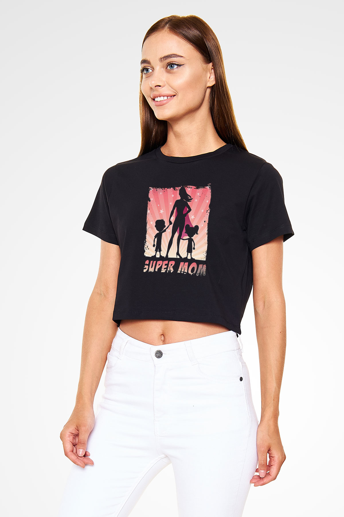 Anneler Günü Baskılı Siyah Crop Top Kadın Tişört - Tshirt