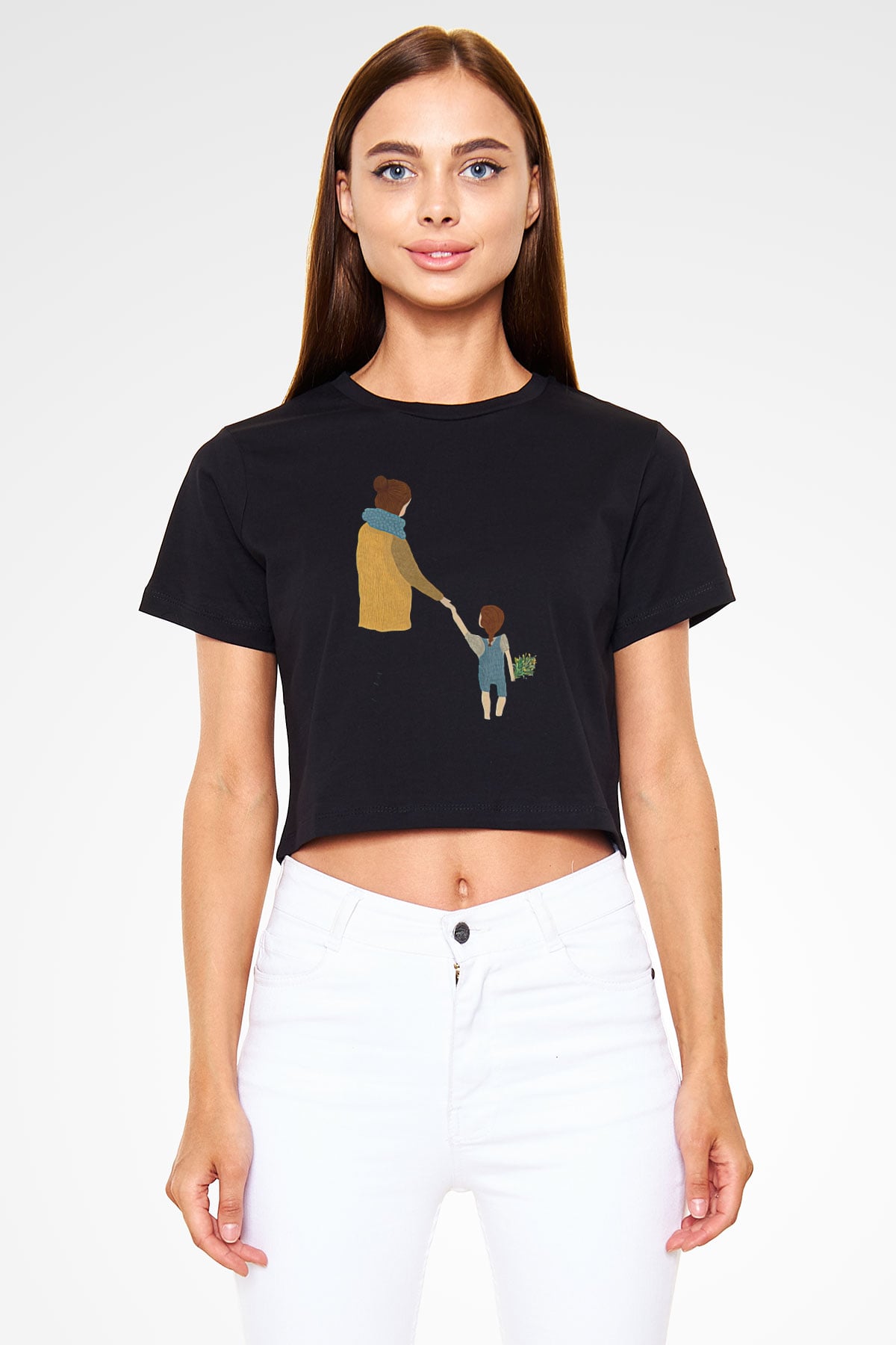 Anneler Günü Baskılı Siyah Crop Top Kadın Tişört - Tshirt