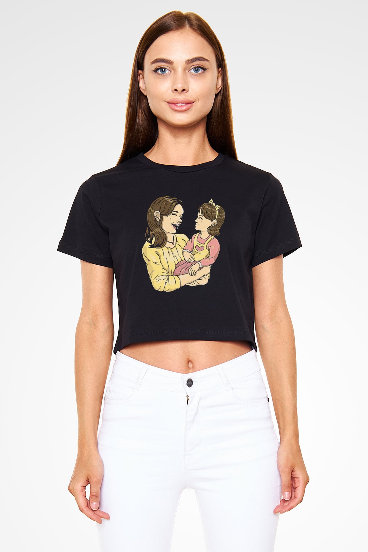 Anneler Günü Baskılı Siyah Crop Top Kadın Tişört - Tshirt