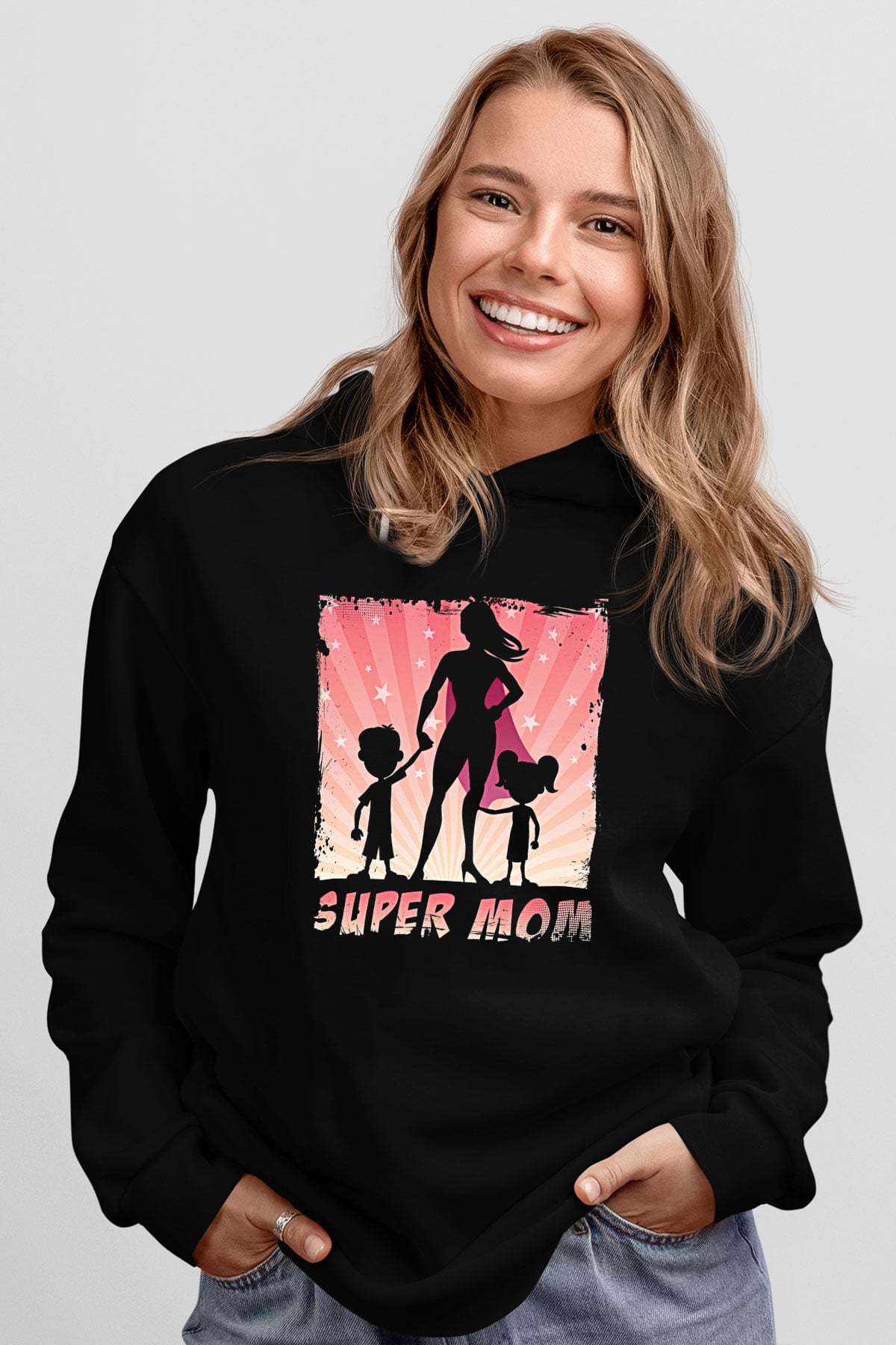 Anneler Günü Baskılı Unisex Siyah Hoodie