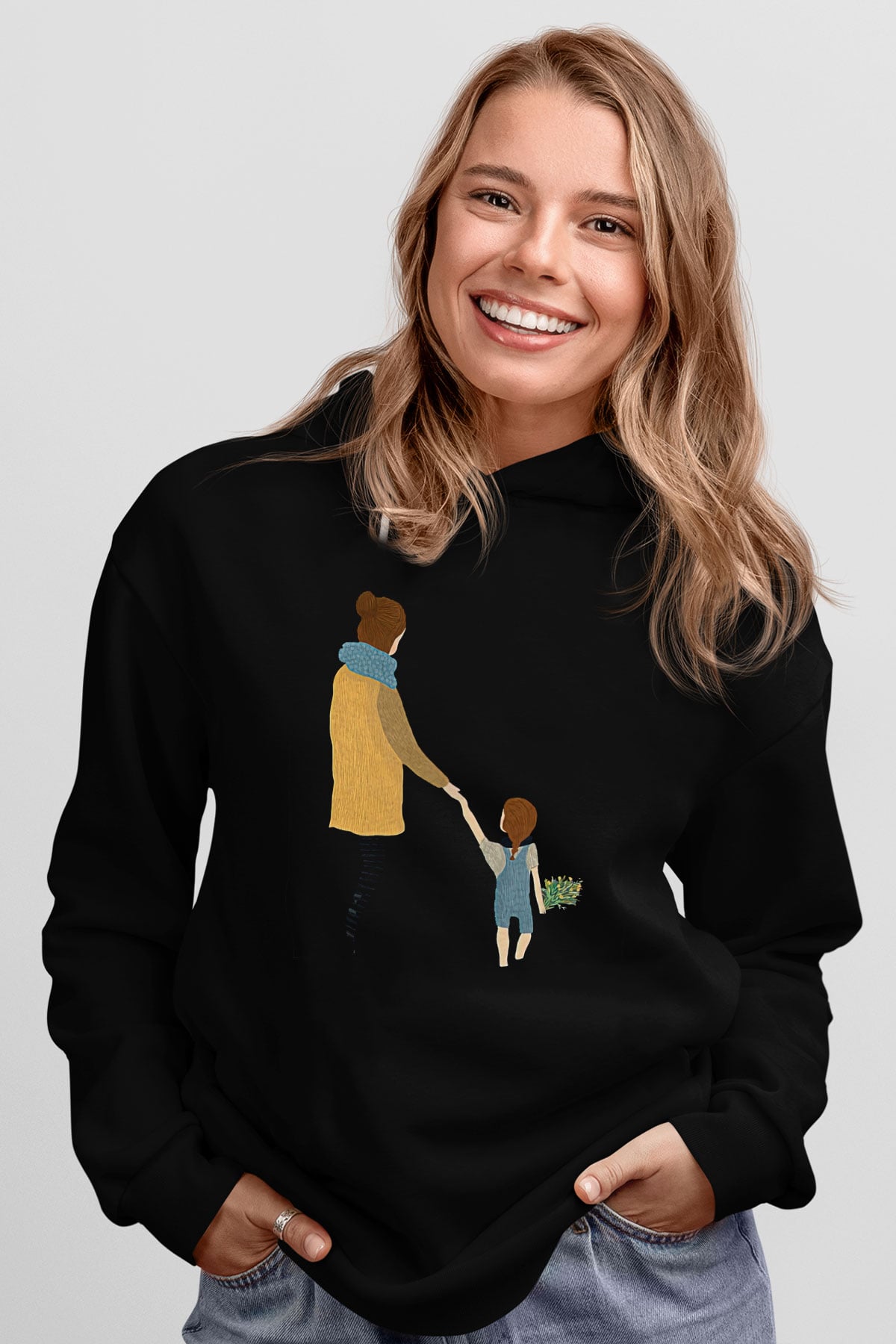 Anneler Günü Baskılı Unisex Siyah Hoodie