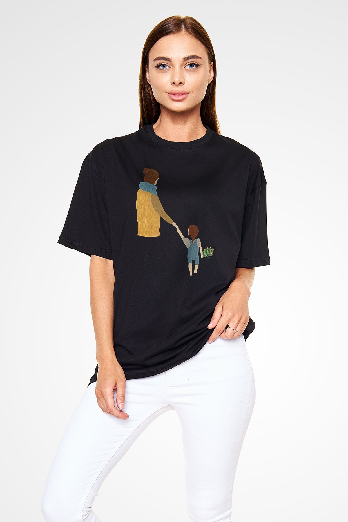 Anneler Günü Baskılı Unisex Siyah Oversize Tişört - Tshirt