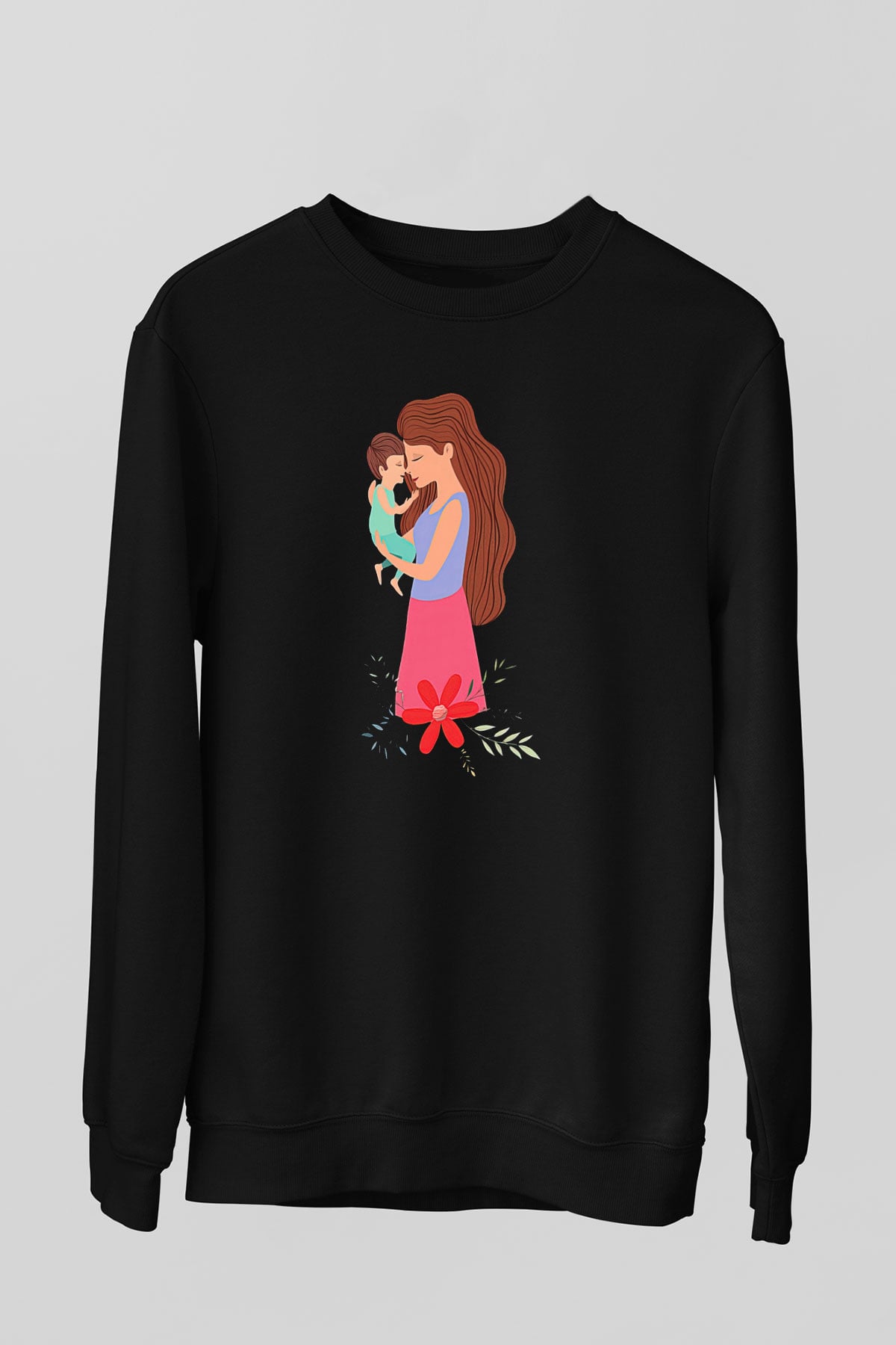 Anneler Günü Baskılı Unisex Siyah Sweatshirt