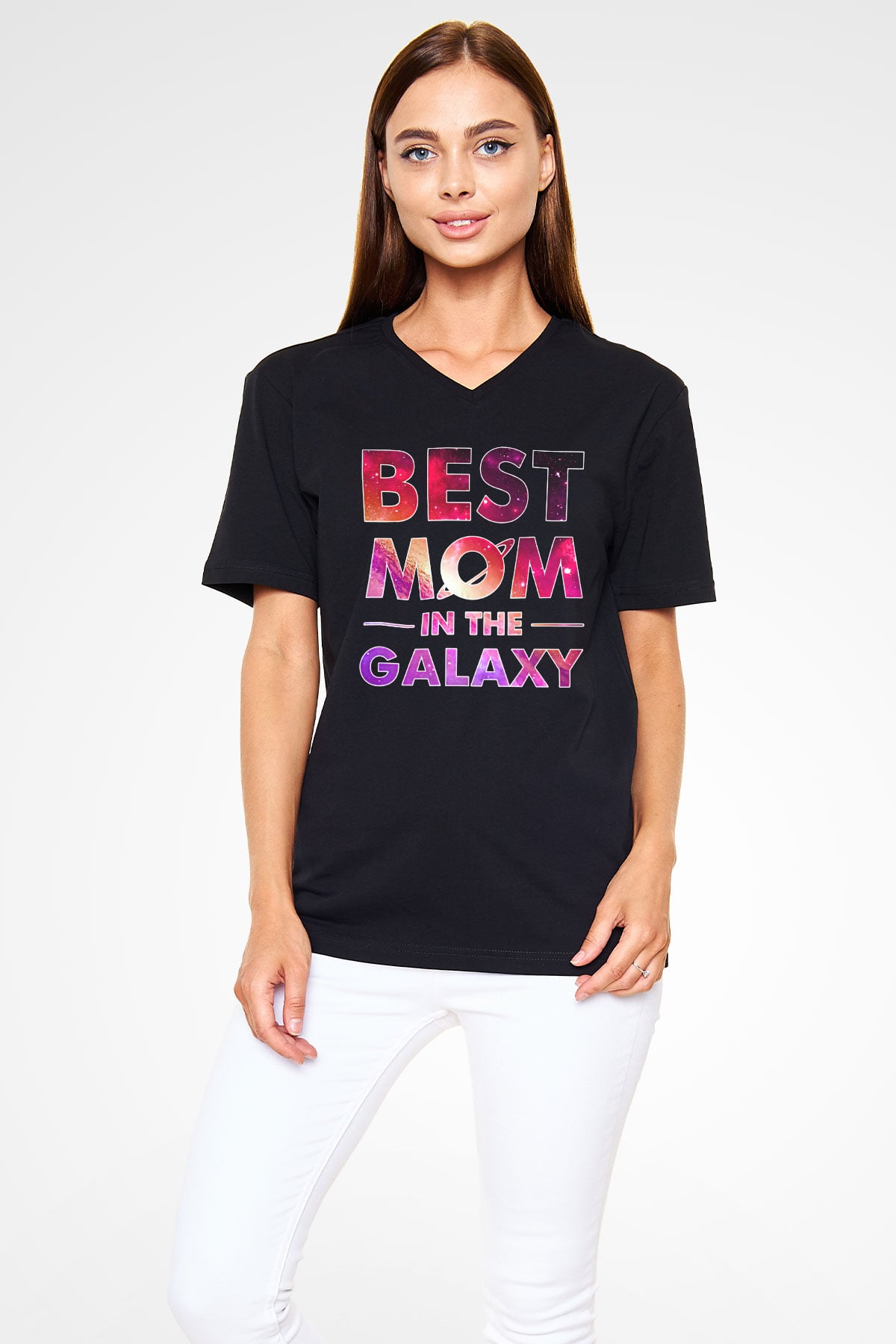 Anneler Günü Baskılı Unisex Siyah V Yaka Tişört - Tshirt