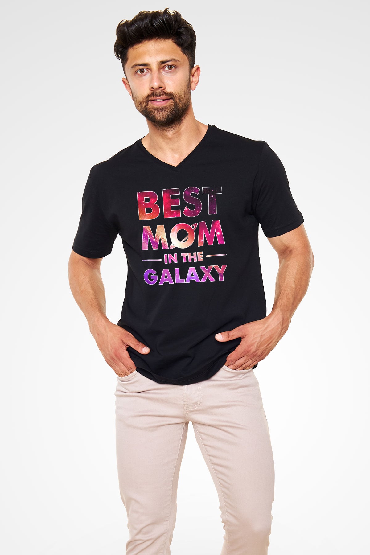 Anneler Günü Baskılı Unisex Siyah V Yaka Tişört - Tshirt