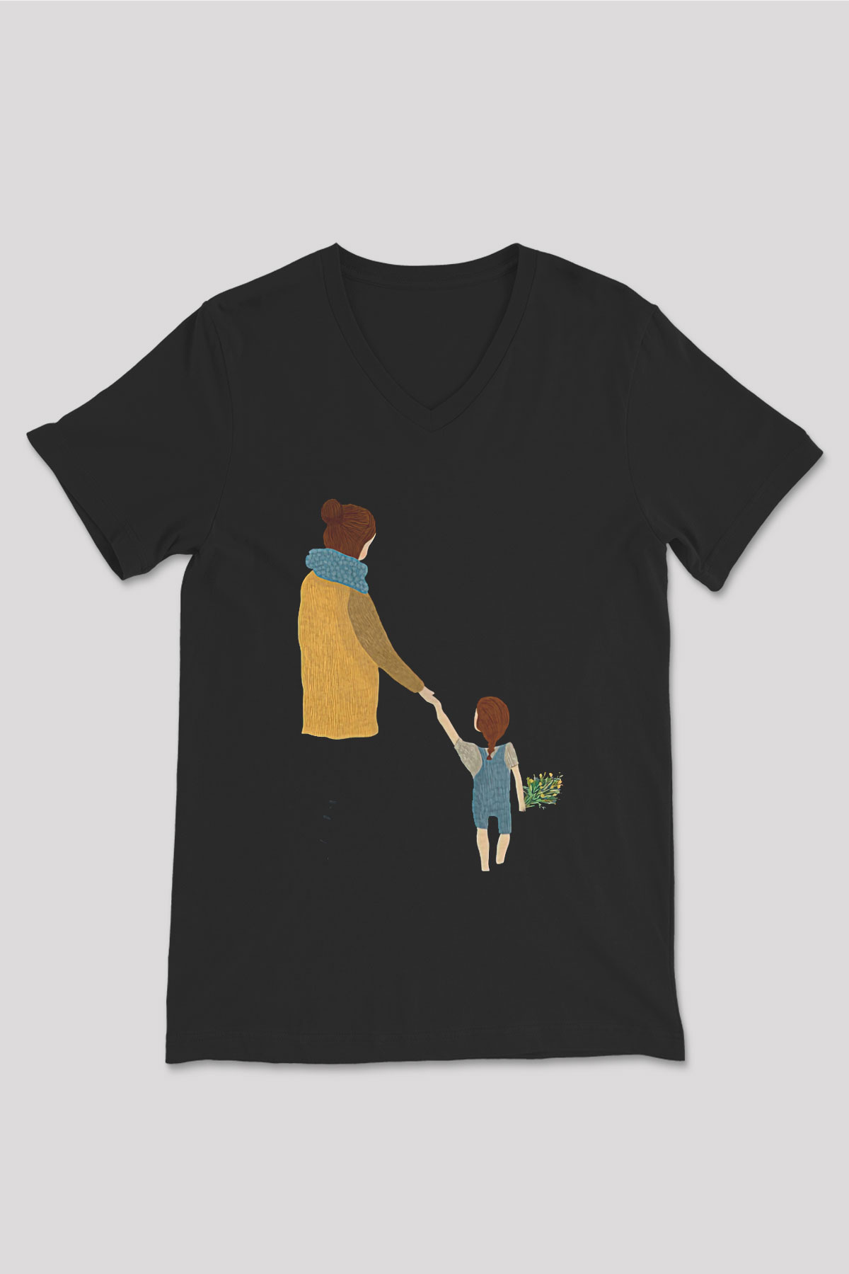 Anneler Günü Baskılı Unisex Siyah V Yaka Tişört - Tshirt