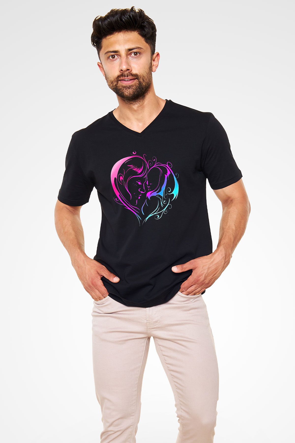 Anneler Günü Baskılı Unisex Siyah V Yaka Tişört - Tshirt