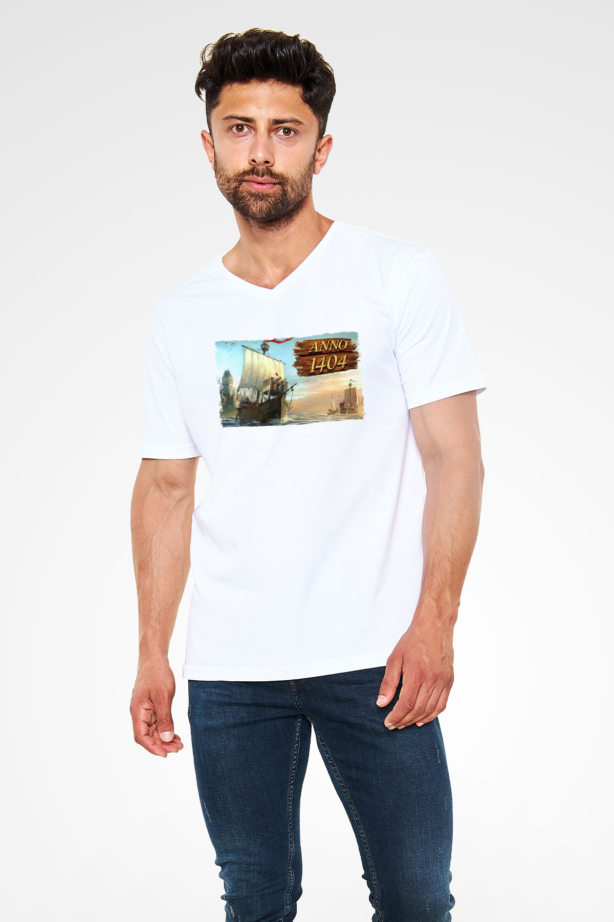 Anno 1404 Beyaz Unisex V Yaka Tişört