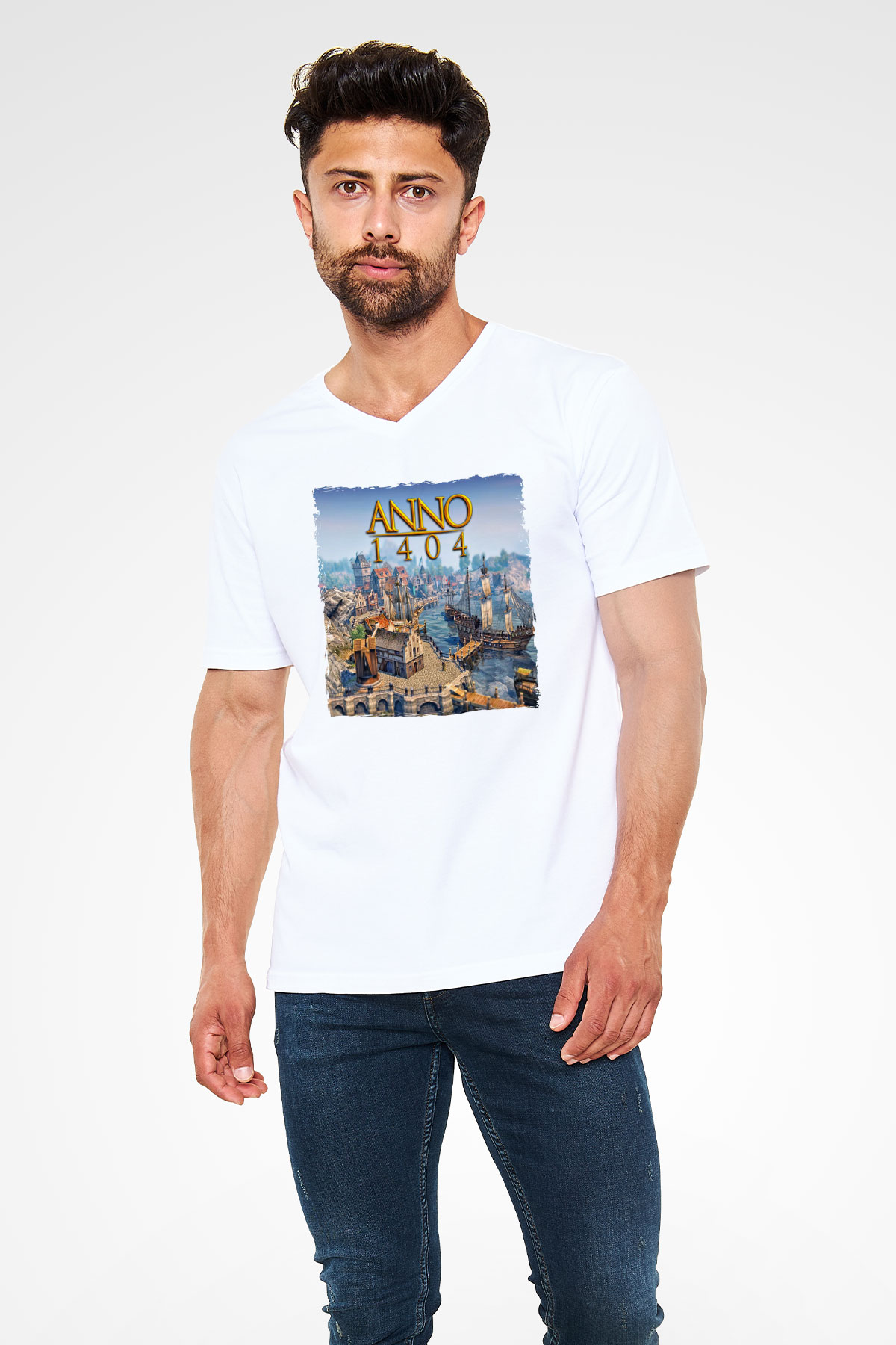 Anno 1404 Beyaz Unisex V Yaka Tişört