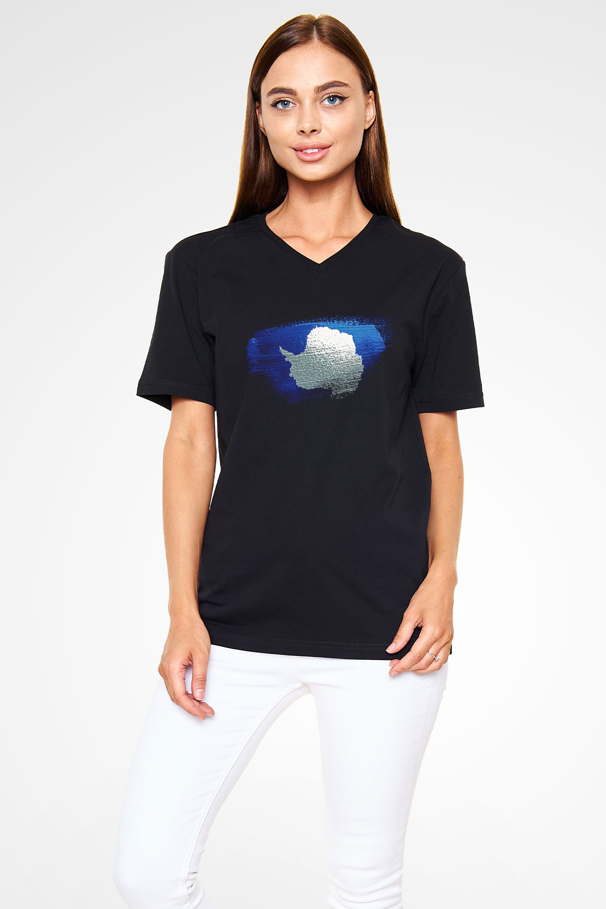 Antartika - Antarctica Bayrağı Baskılı Unisex Siyah V Yaka Tişört