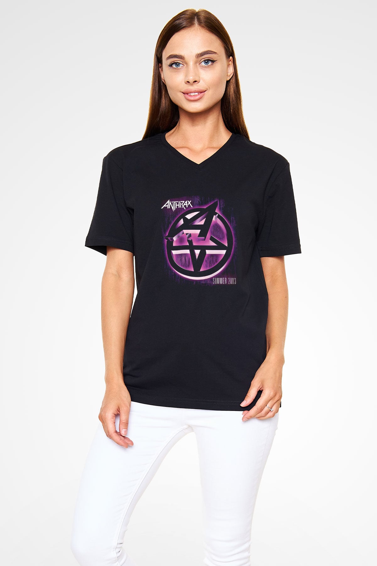 Anthrax Baskılı Unisex Siyah V Yaka Tişört