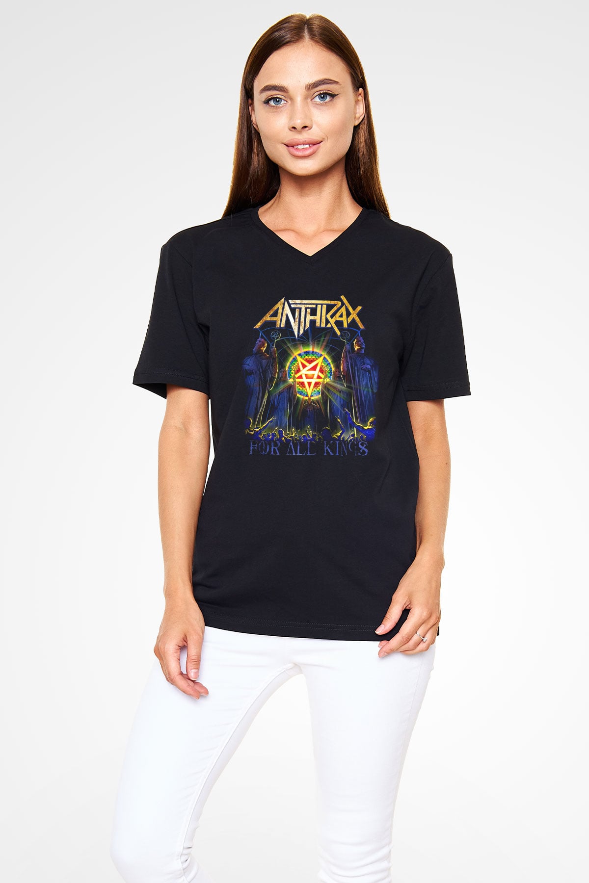 Anthrax Siyah Unisex V Yaka Tişört T-Shirt