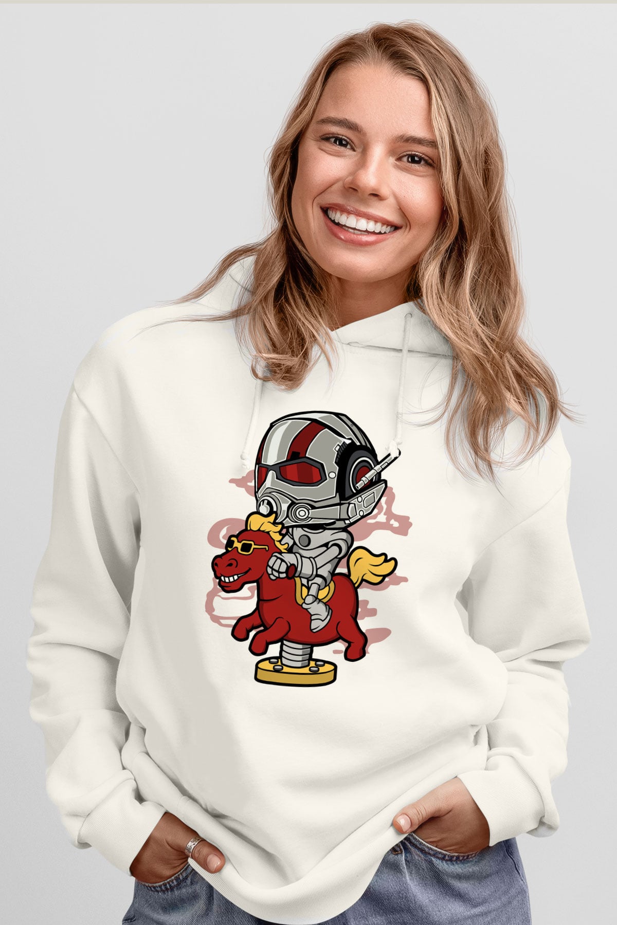 Antman Riding Horse Baskılı Unisex Beyaz Hoodie