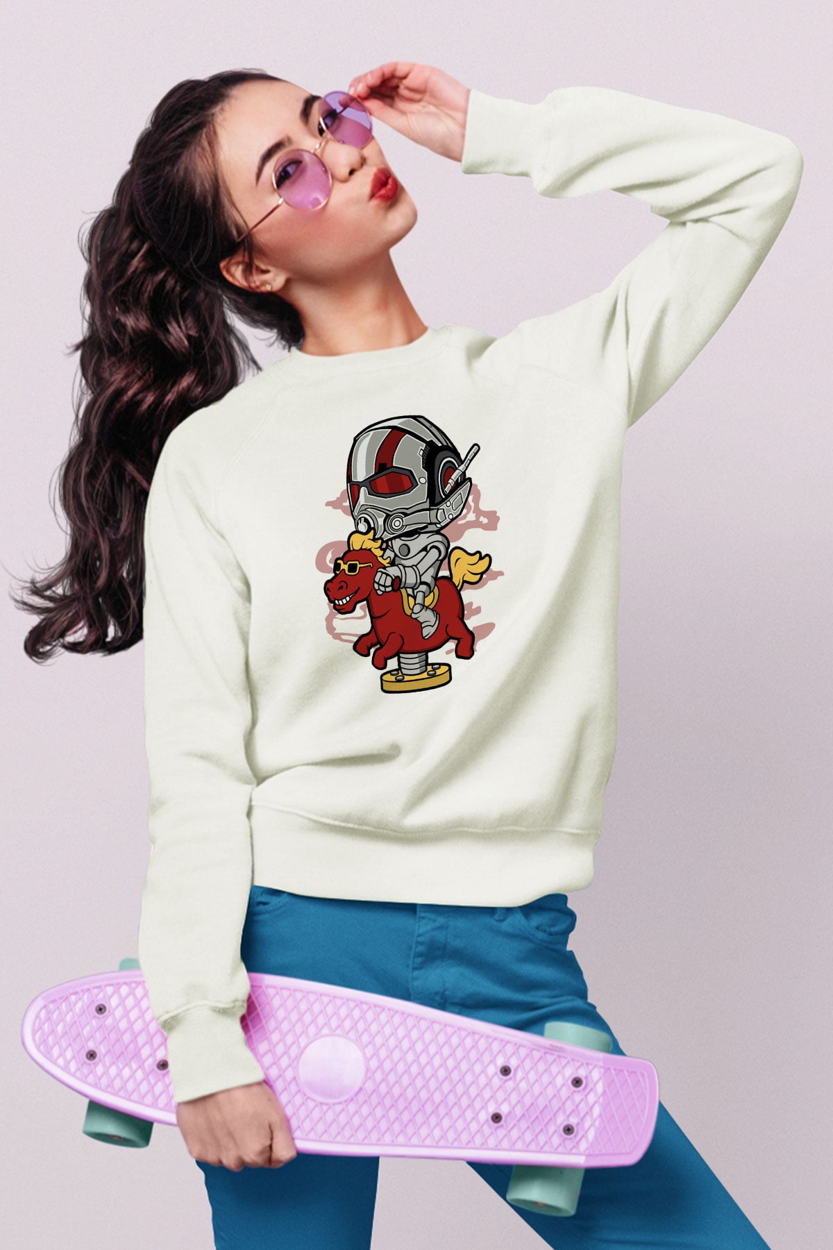 Antman Riding Horse Baskılı Unisex Beyaz Sweatshirt