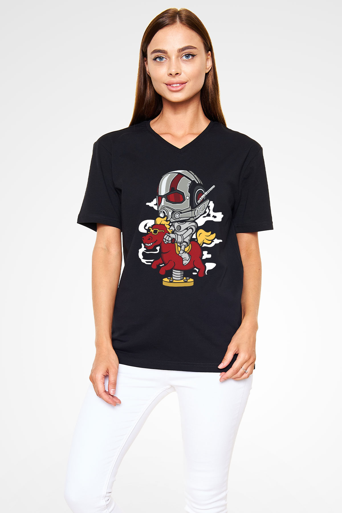 Antman Riding Horse Baskılı Unisex Siyah V Yaka Tişört