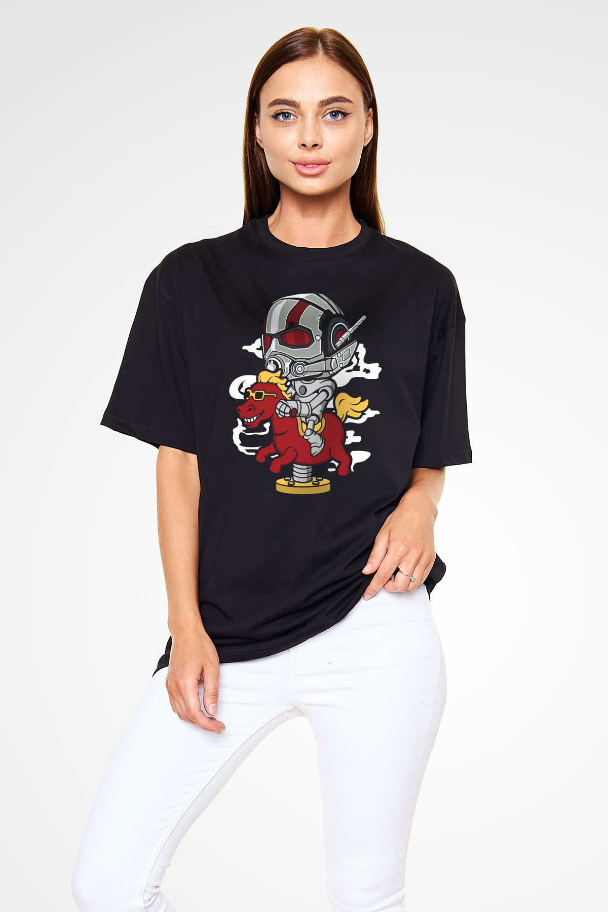 Antman Riding Horse Baskılı Unisex Siyah Oversize Tişört