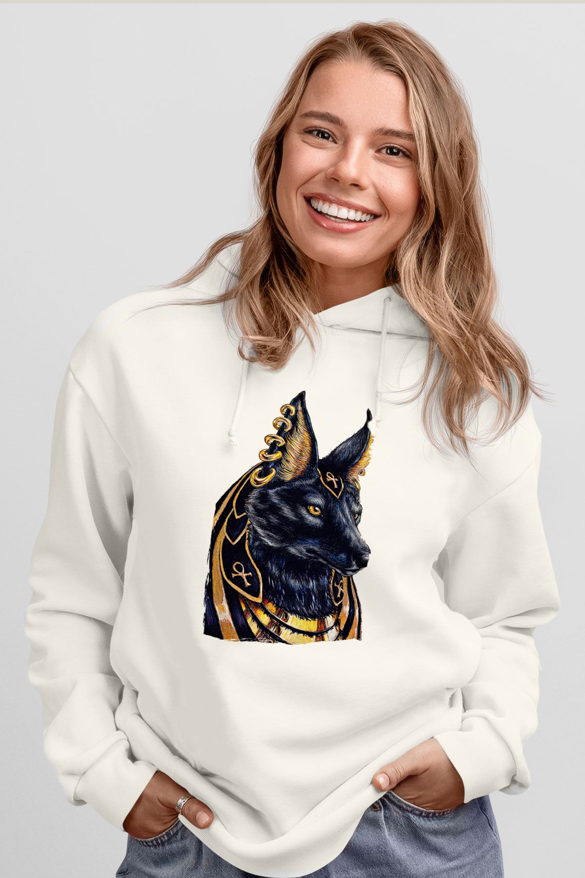 Anubis Baskılı Beyaz Unisex Hoodie