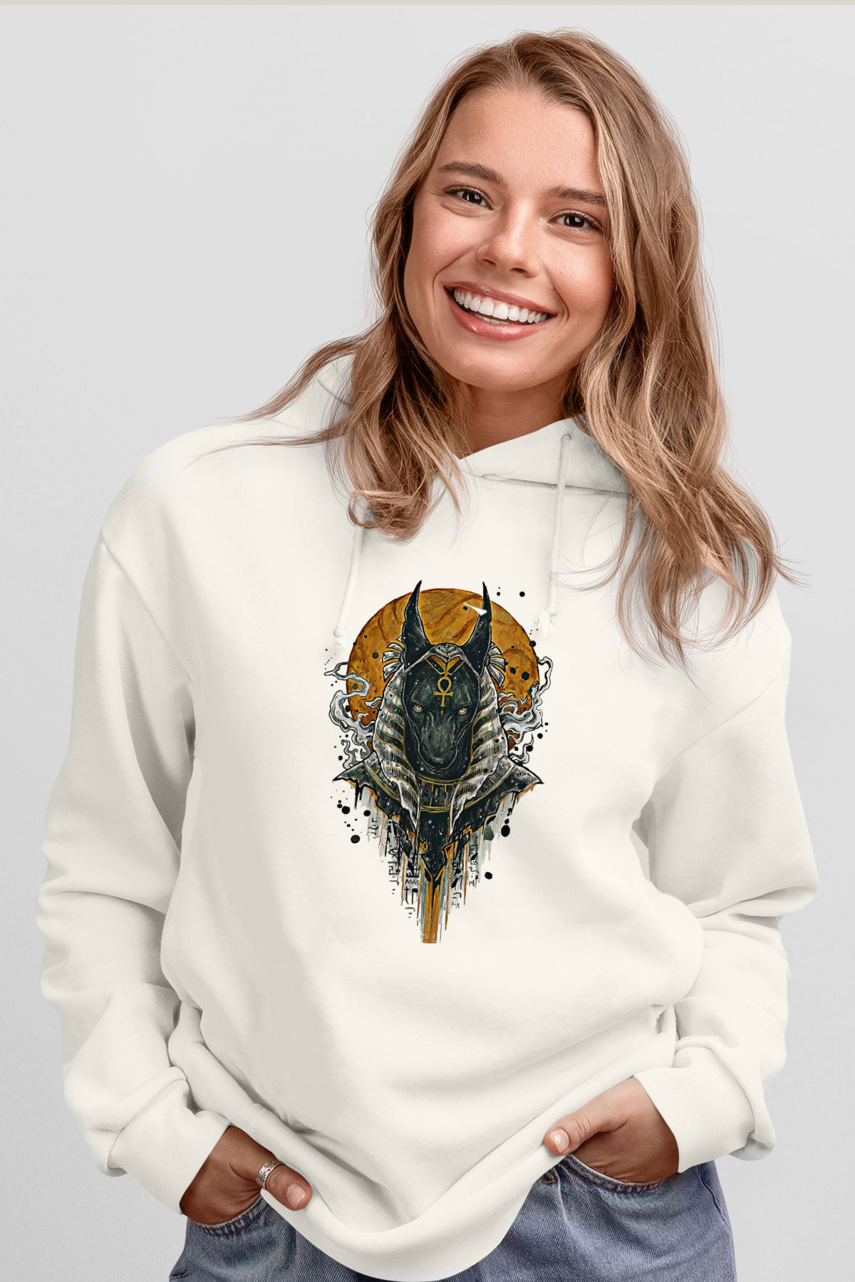 Anubis Baskılı Beyaz Unisex Hoodie