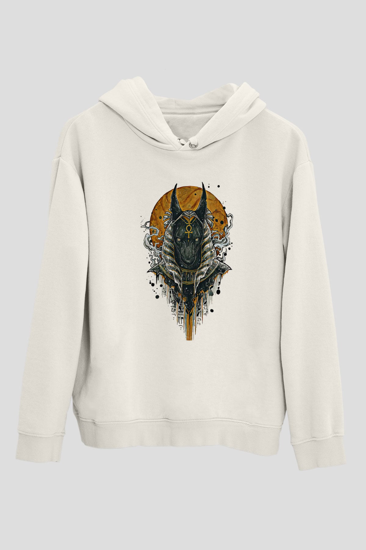 Anubis Baskılı Beyaz Unisex Hoodie