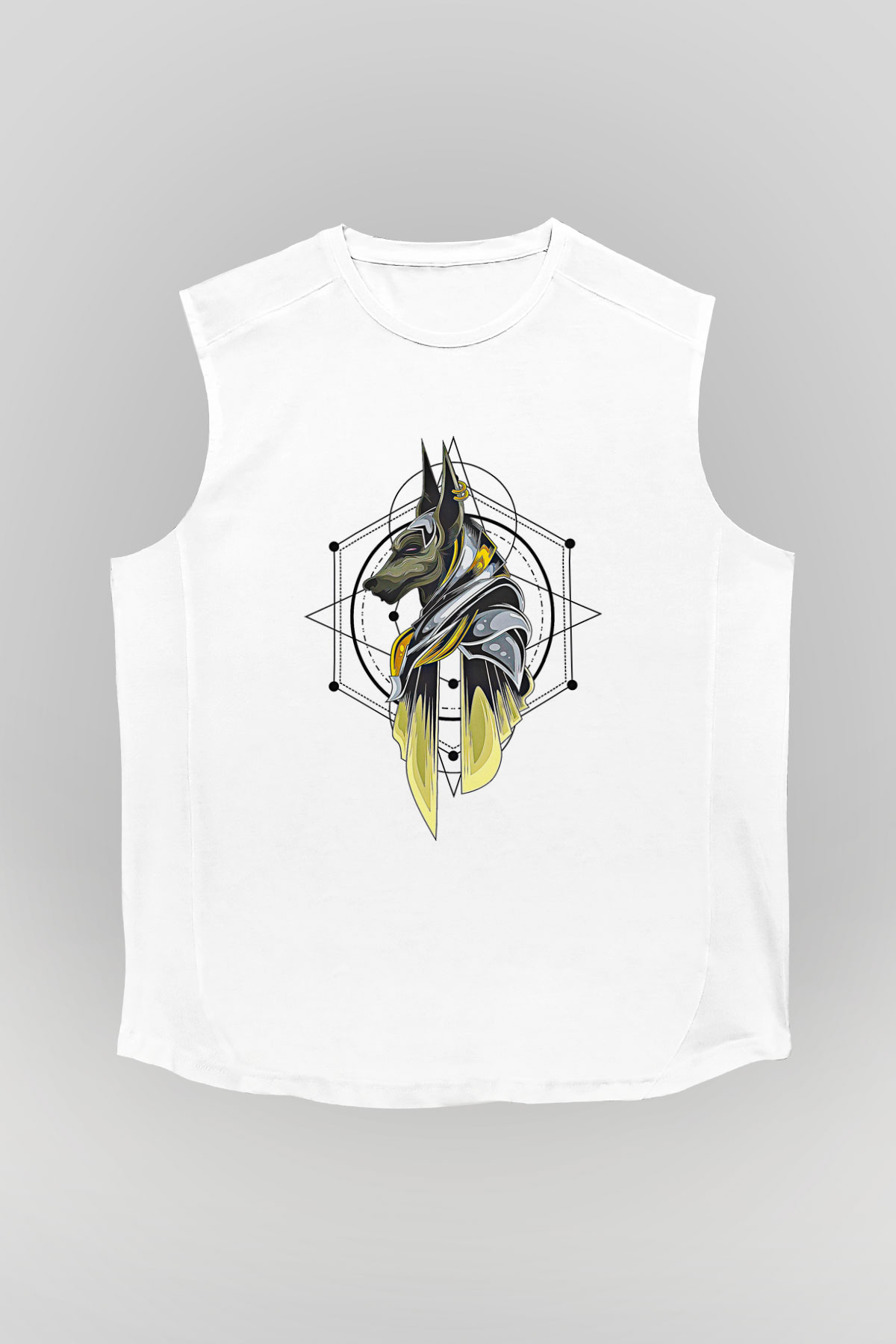Anubis Baskılı Beyaz Unisex Kolsuz Tişört - Tshirt