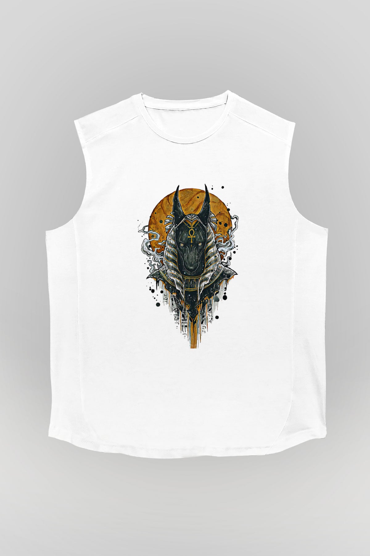 Anubis Baskılı Beyaz Unisex Kolsuz Tişört - Tshirt