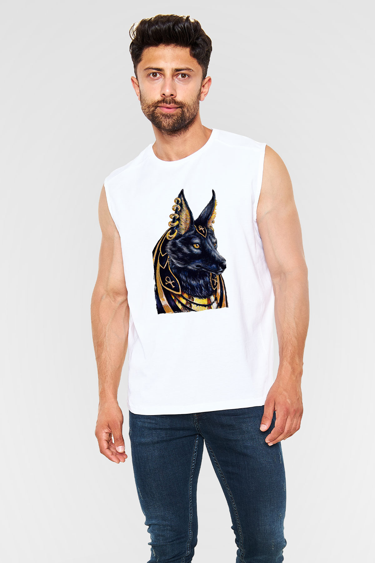 Anubis Baskılı Beyaz Unisex Kolsuz Tişört - Tshirt