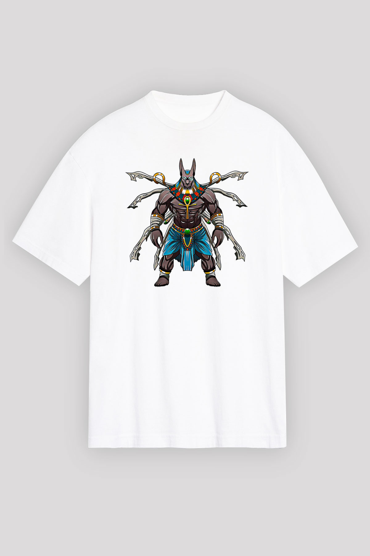 Anubis Baskılı Beyaz Unisex Oversize Tişört - Tshirt