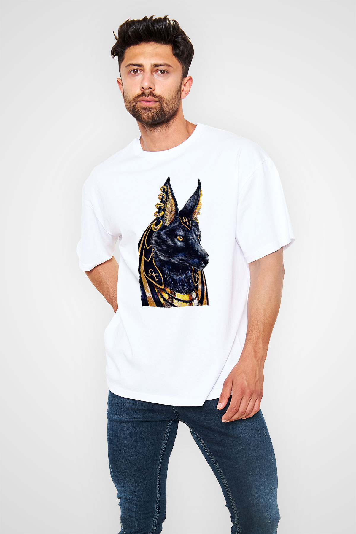 Anubis Baskılı Beyaz Unisex Oversize Tişört - Tshirt