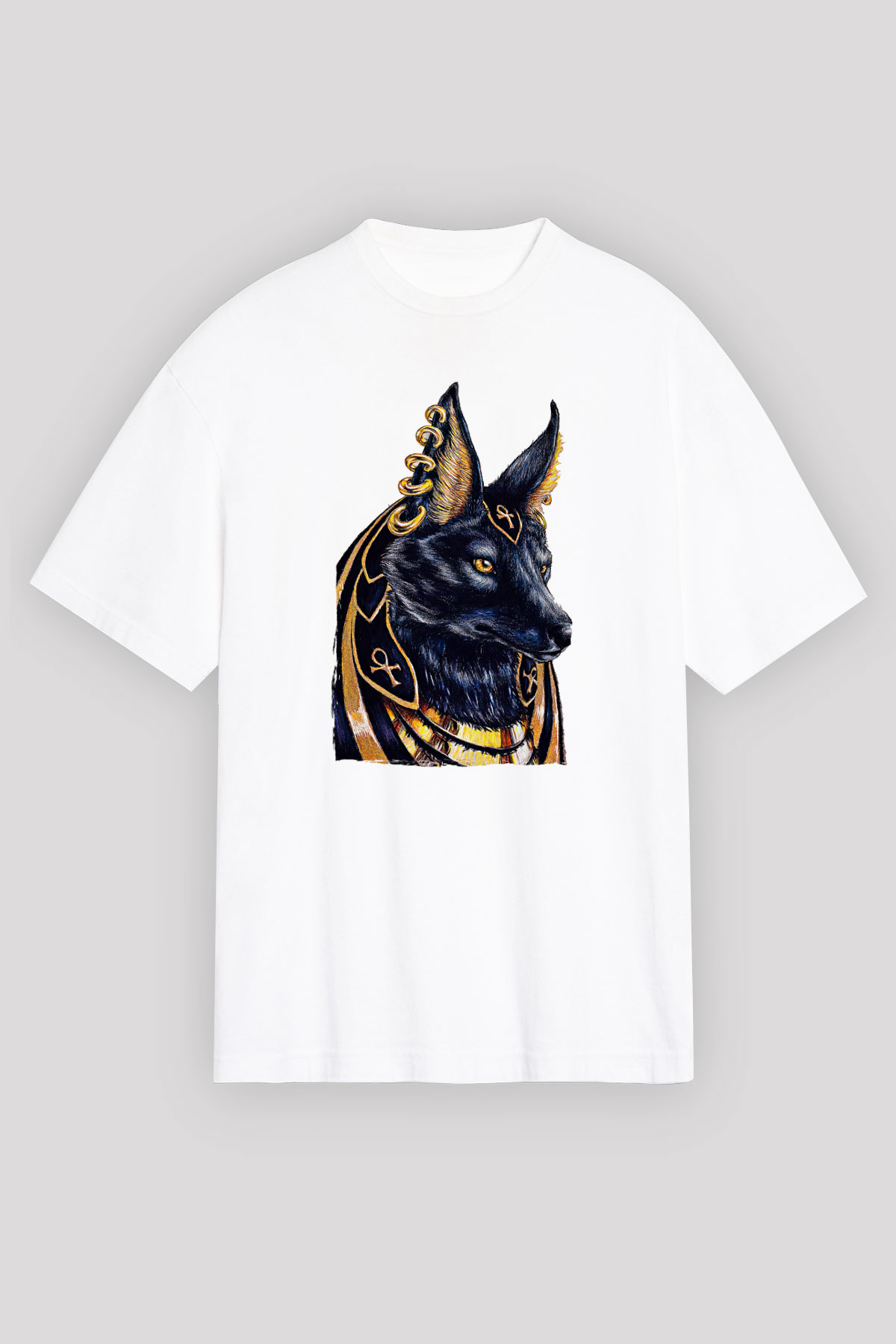 Anubis Baskılı Beyaz Unisex Oversize Tişört - Tshirt