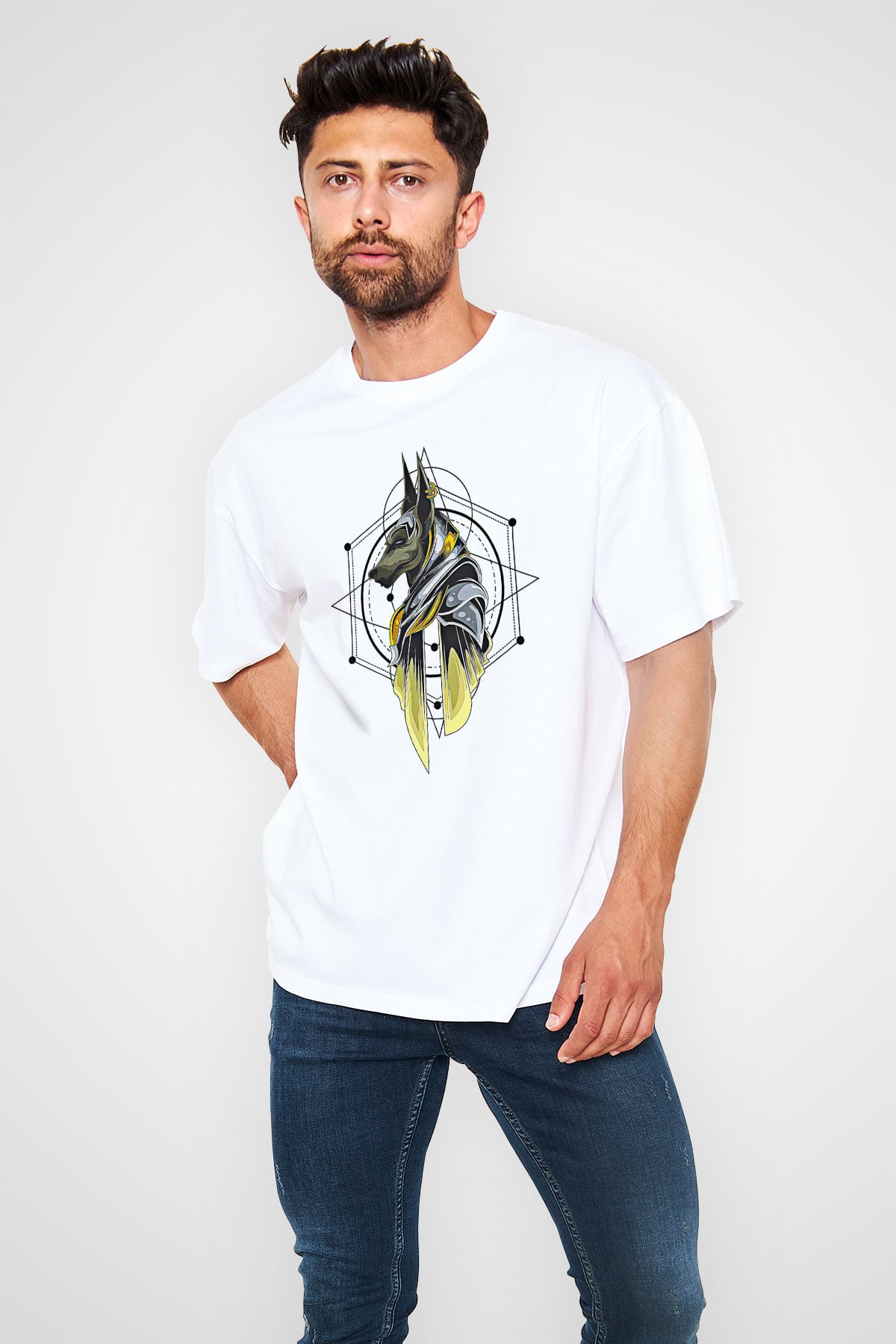 Anubis Baskılı Beyaz Unisex Oversize Tişört - Tshirt