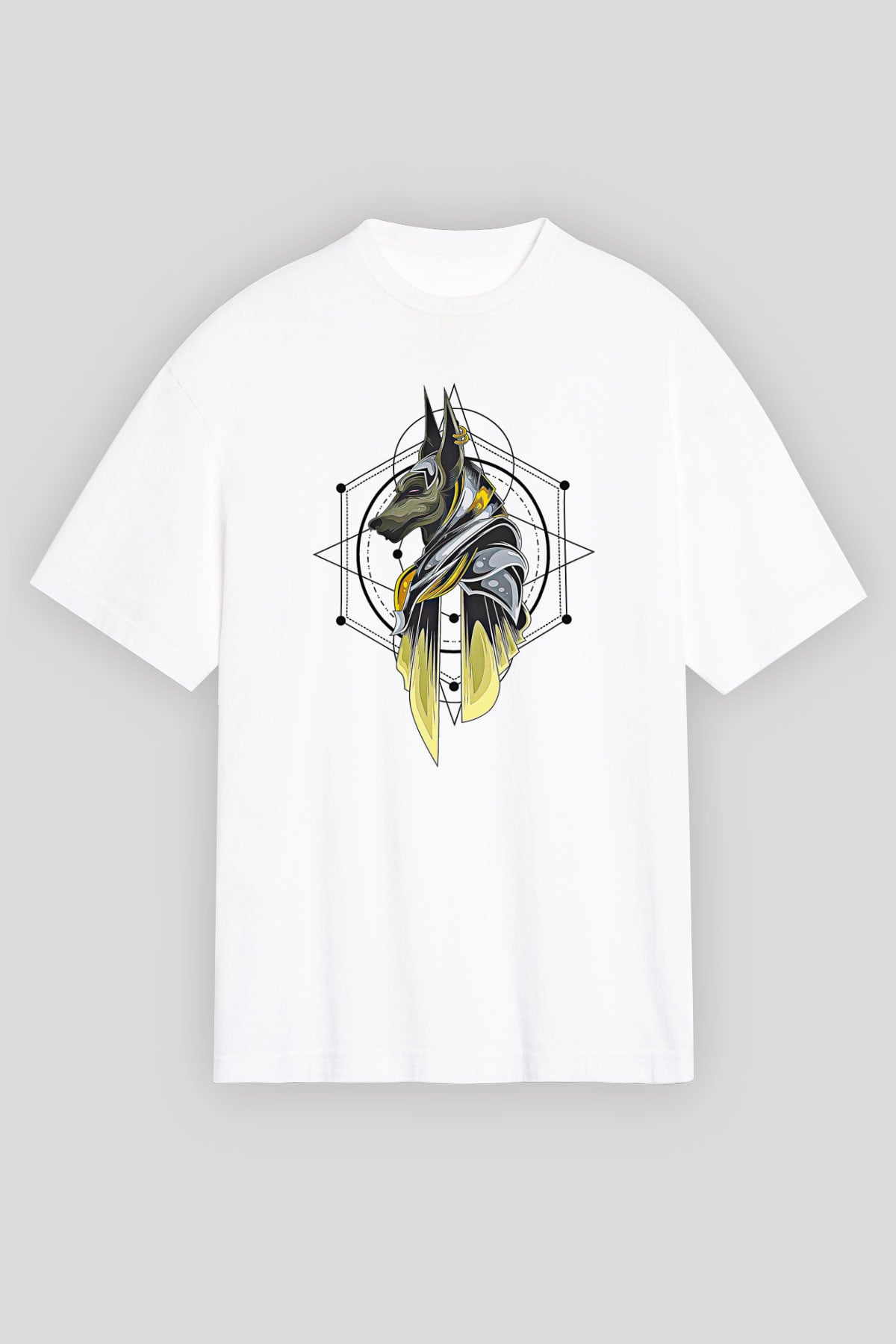 Anubis Baskılı Beyaz Unisex Oversize Tişört - Tshirt