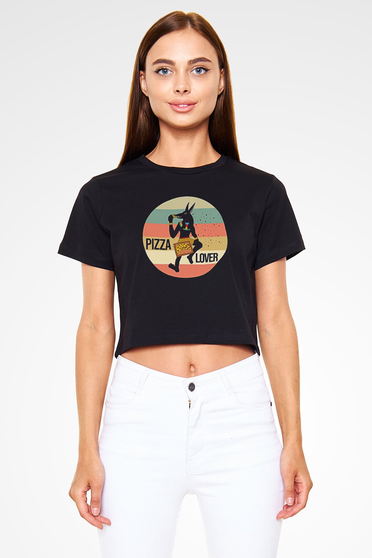 Anubis Baskılı Siyah Crop Top Kadın Tişört - Tshirt