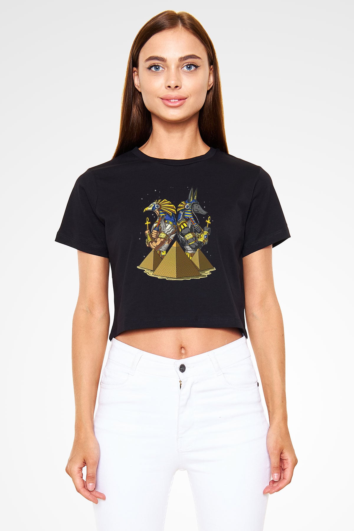 Anubis Baskılı Siyah Crop Top Kadın Tişört - Tshirt