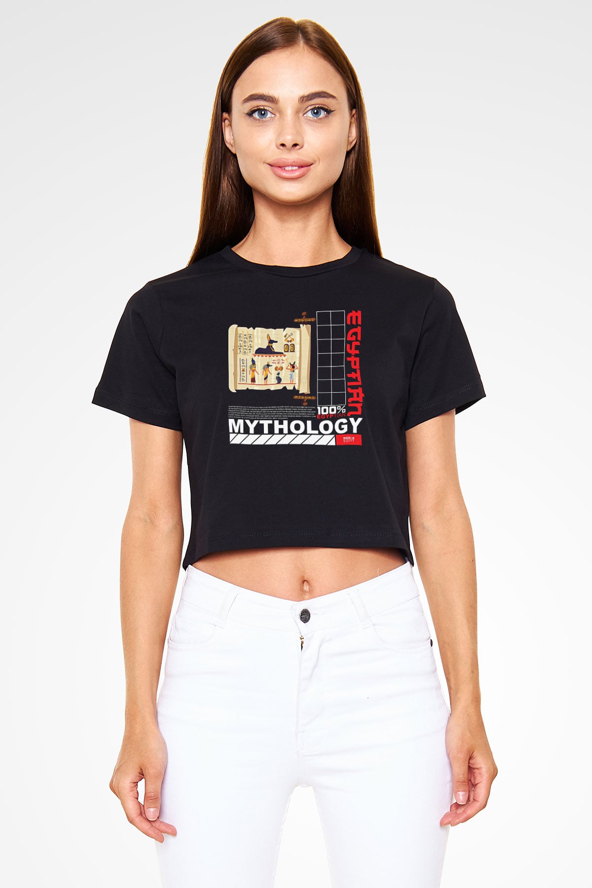 Anubis Baskılı Siyah Crop Top Kadın Tişört - Tshirt