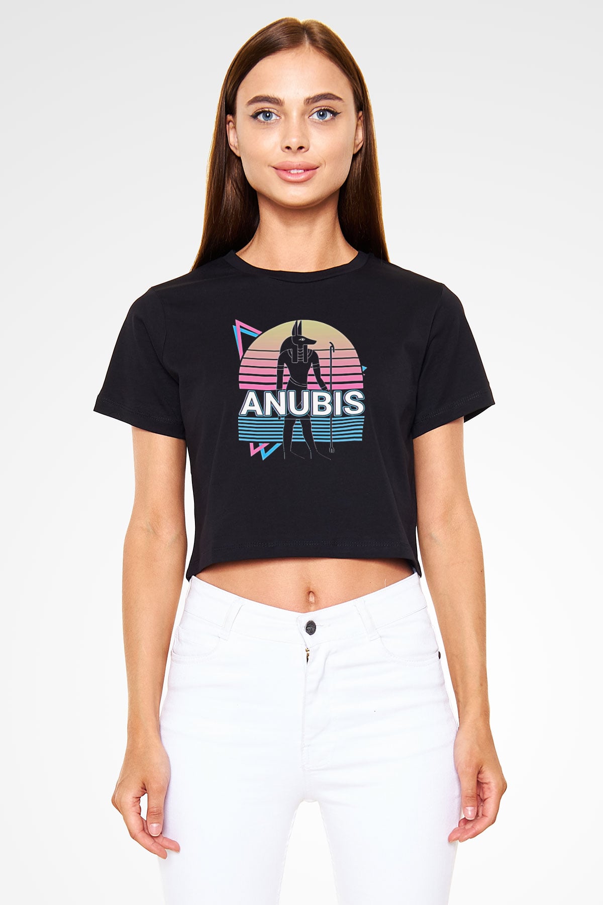 Anubis Baskılı Siyah Crop Top Kadın Tişört - Tshirt