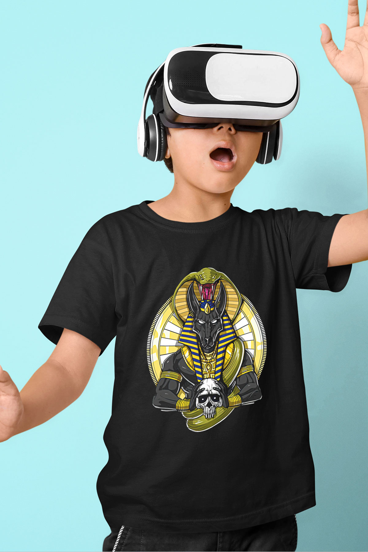 Anubis Baskılı Unisex Siyah Çocuk Tişört - Tshirt