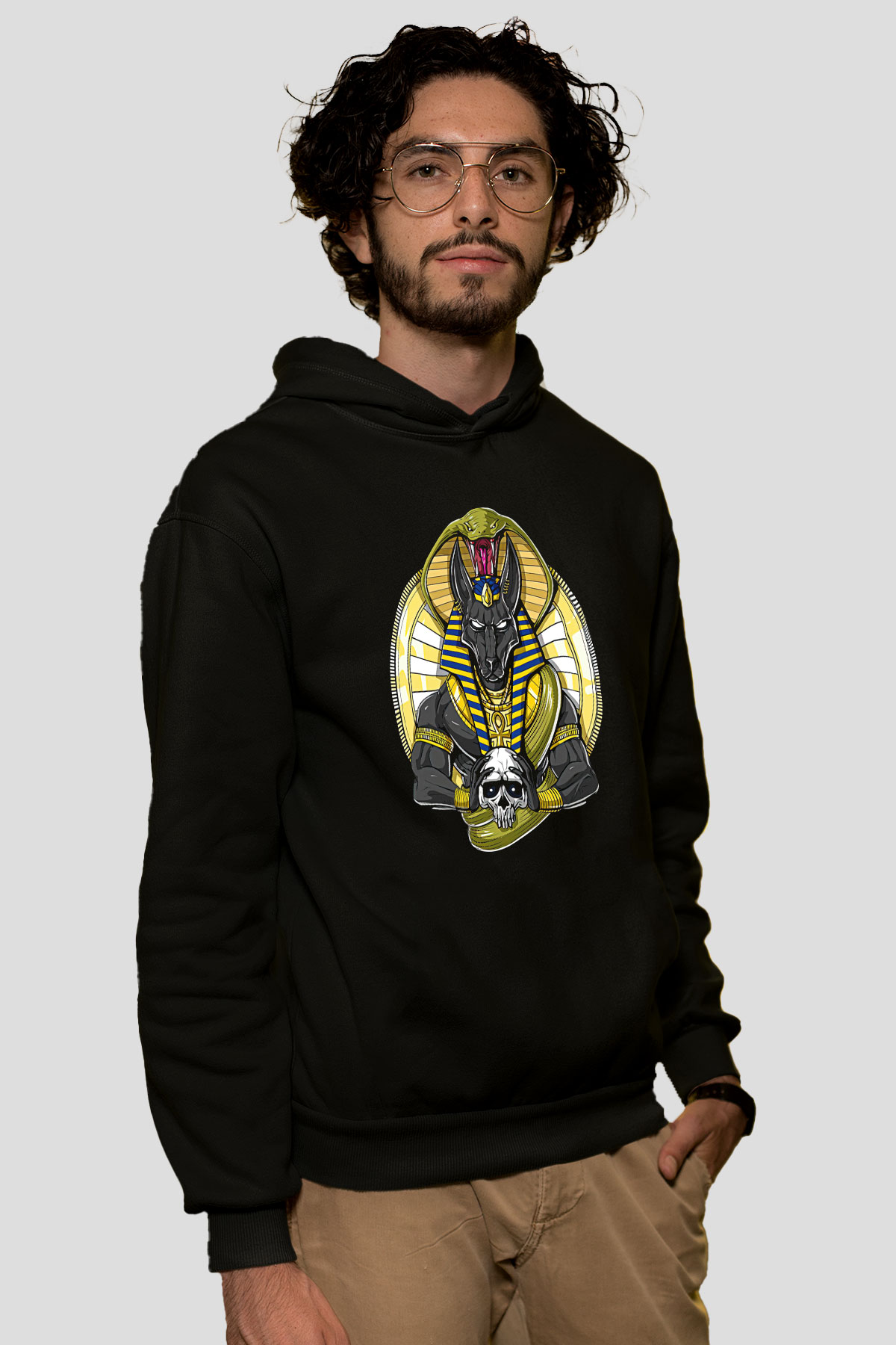 Anubis Baskılı Unisex Siyah Hoodie