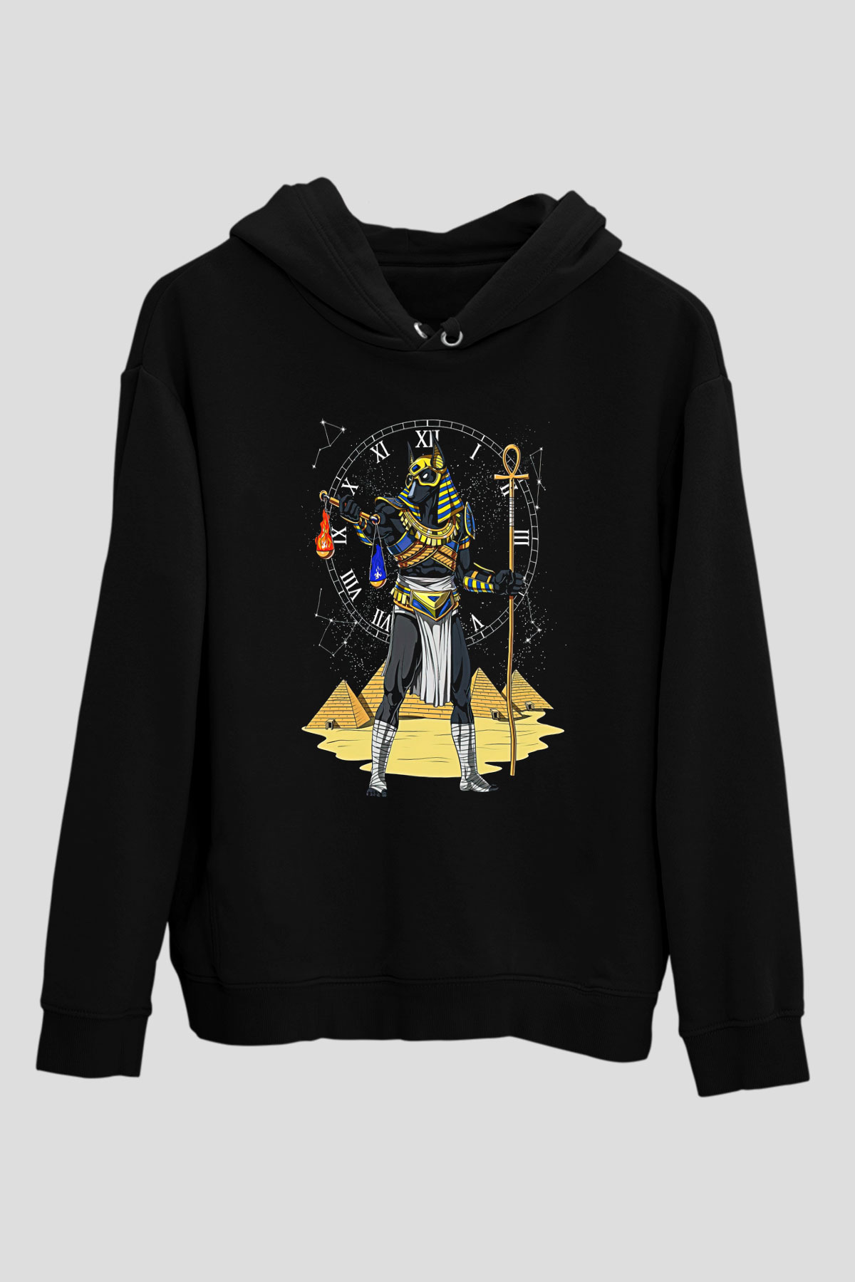 Anubis Baskılı Unisex Siyah Hoodie